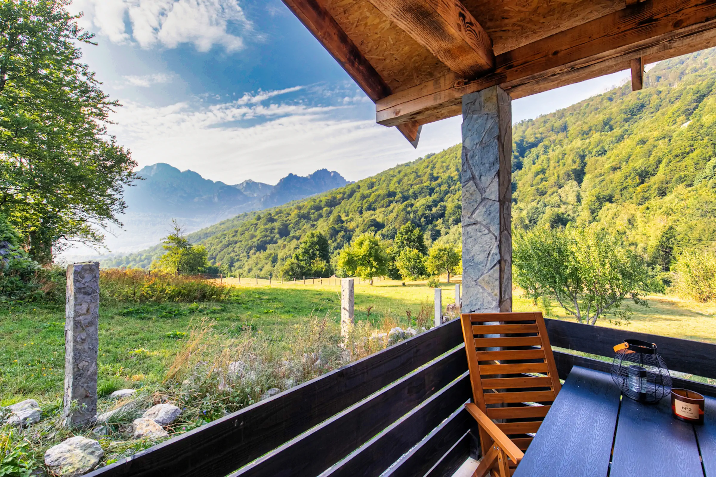 Panoramic mountain views from Fireside Lodge balcony overlooking Lipovo Valley and Montenegro peaks